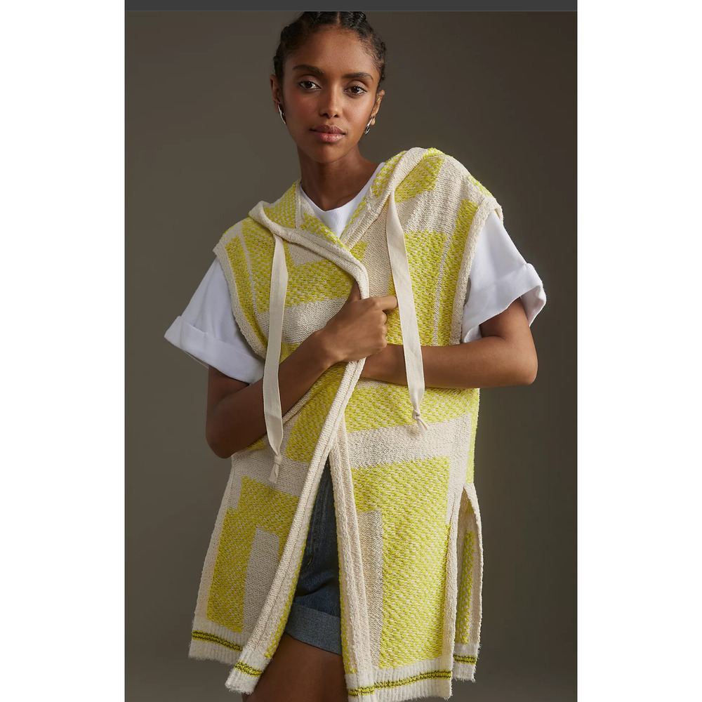 NWT Anthropologie Fringe Hooded Yellow and White Sweater Vest - Size Medium - Picture 2 of 5